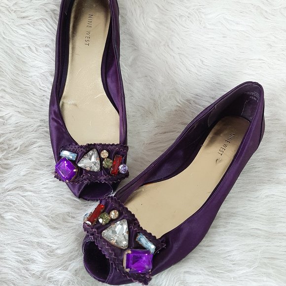Nine West Women's Purple Satin Artificial Gem Stones Peek Toe Flats 8 1/2M - Picture 1 of 6